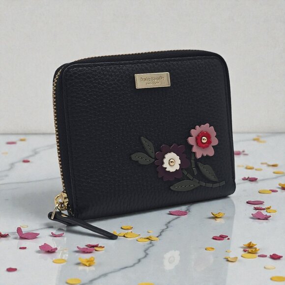 Kate Spade Laurel Way Darci Floral Appliqué Zip Wallet Black Pebbled Leather - Picture 16 of 16